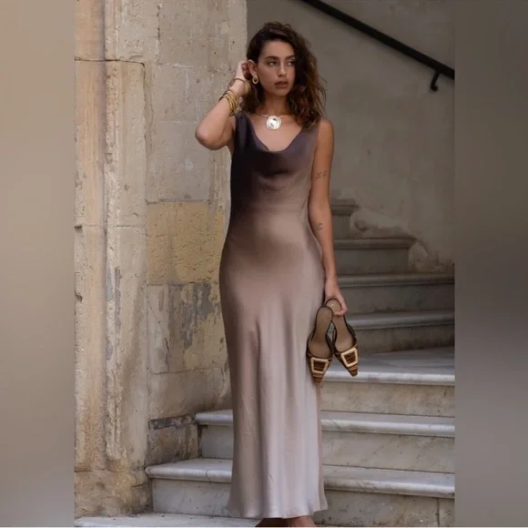 12th Tribe Dolce Mocha Ombre Cowl Neck Maxi Dress - Picture 1 of 6